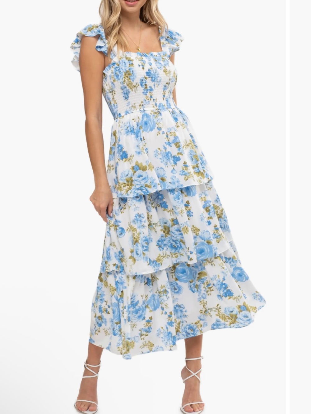 New! August Sky Smocked Tiered Midi Dress in Blue Floral